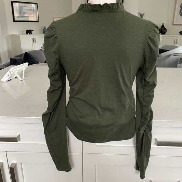 Anthropologie Maeve LS Frill Neck Ruched Sleeve Cotton Modal Top Green XS NWOT - Picture 6 of 12